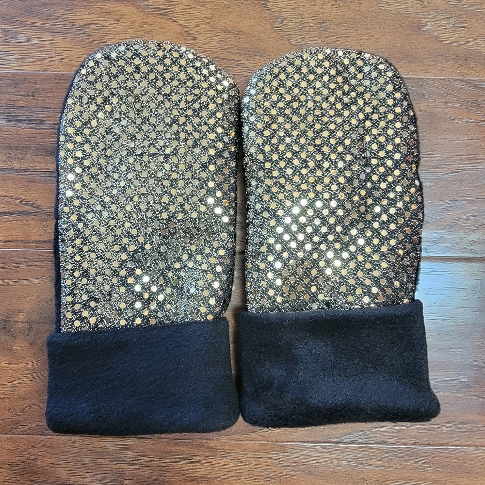 Gold And Black Sparkle Winter Fleece Mittens